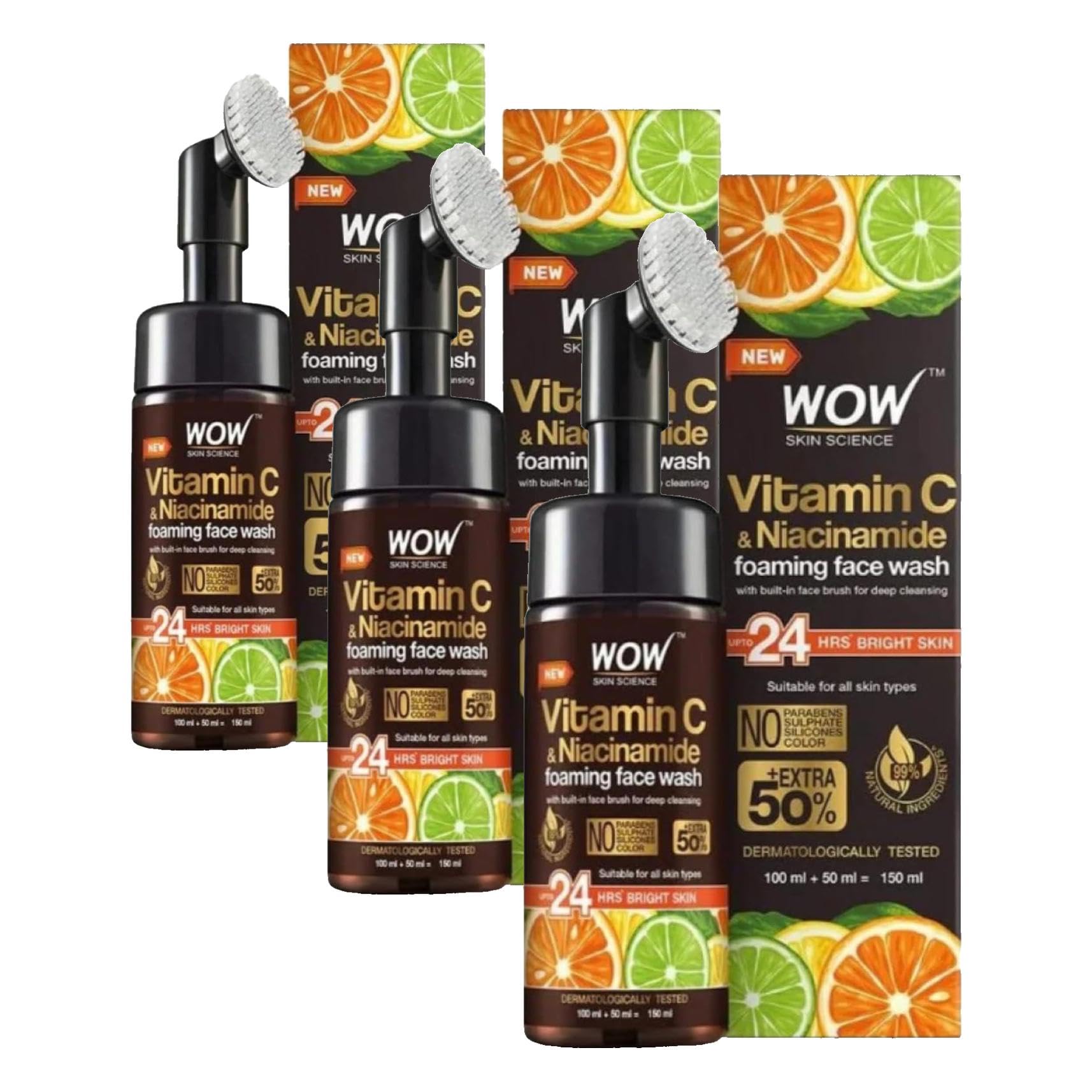 WOW Skin Science C Vitamini Yüz Yıkama Köpüğü Fırçalı Yüzde Doksan Sekiz Doğal içerik Aydınlatıcı, derin temizlik, 150ml (3 paketi)