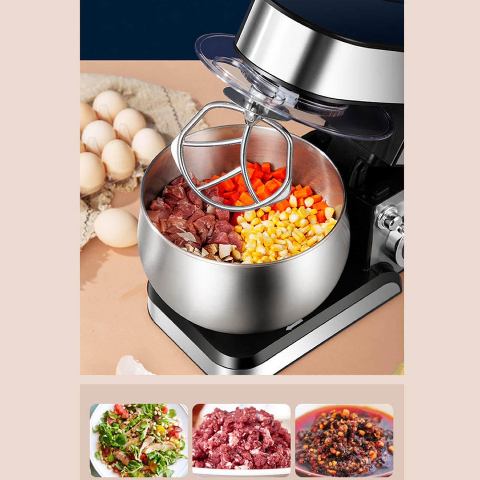 Impastatrice planetaria, planetaria da 1200 W, 6 velocità, 5,5 l, con gancio per impastare, frusta e sbattitore, ciotola per impastare e paraspruzzi rimovibile, argento