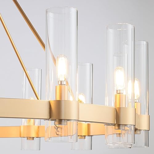 Miniatura 7 de Candelabro dorado de 60 pulgadas, lámpara de rueda de vagón con pantalla de cristal, 20 luces, grande, redonda, moderna, de granja, techo alto, para