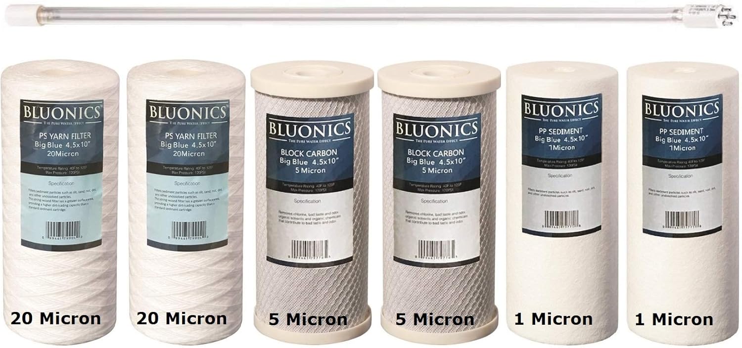 BLUONICS String-wound Sediment, CTO Carbon & Sediment + UV Bulb Replacement Filter Set for our Well Water System > 3pcs 4.5" x 10" Whole House Cartridges + Lamp