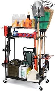 Garden Tool Storage for Garage, Yard Tool Organizer for Garage, Shed, Garden, Garage Tool Organizer, Garage Tool Rack on Wheels, Tool Stand for Home, Outdoor, Heavy Duty Steel, Black