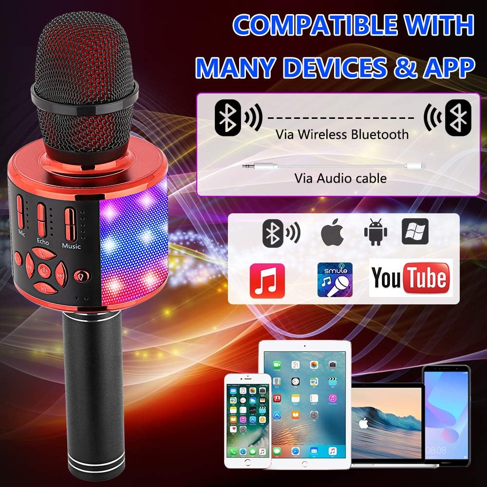 Bеѕt Dеаl Prоduсt Amazmic Kids Karaoke Microphone Machine Toy Bluetooth Microphone Portable Wireless Karaoke Machine Handheld with LED Lights, Gift for Children Adults Birthday Party, Home KTV(Black Red)