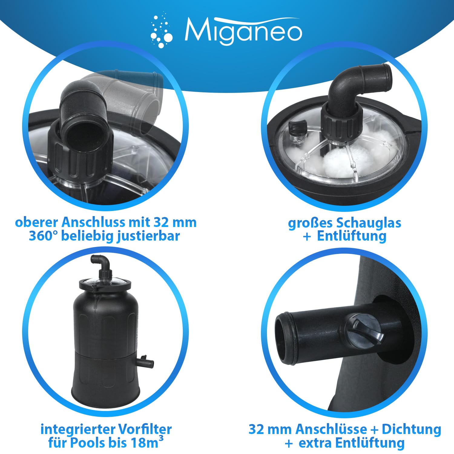 Miganeo Filteranlage Max Efficency 3,8m³ / h | für Pools bis zu 18.000 l – Mit Vorfilter, inkl. Filterbällen