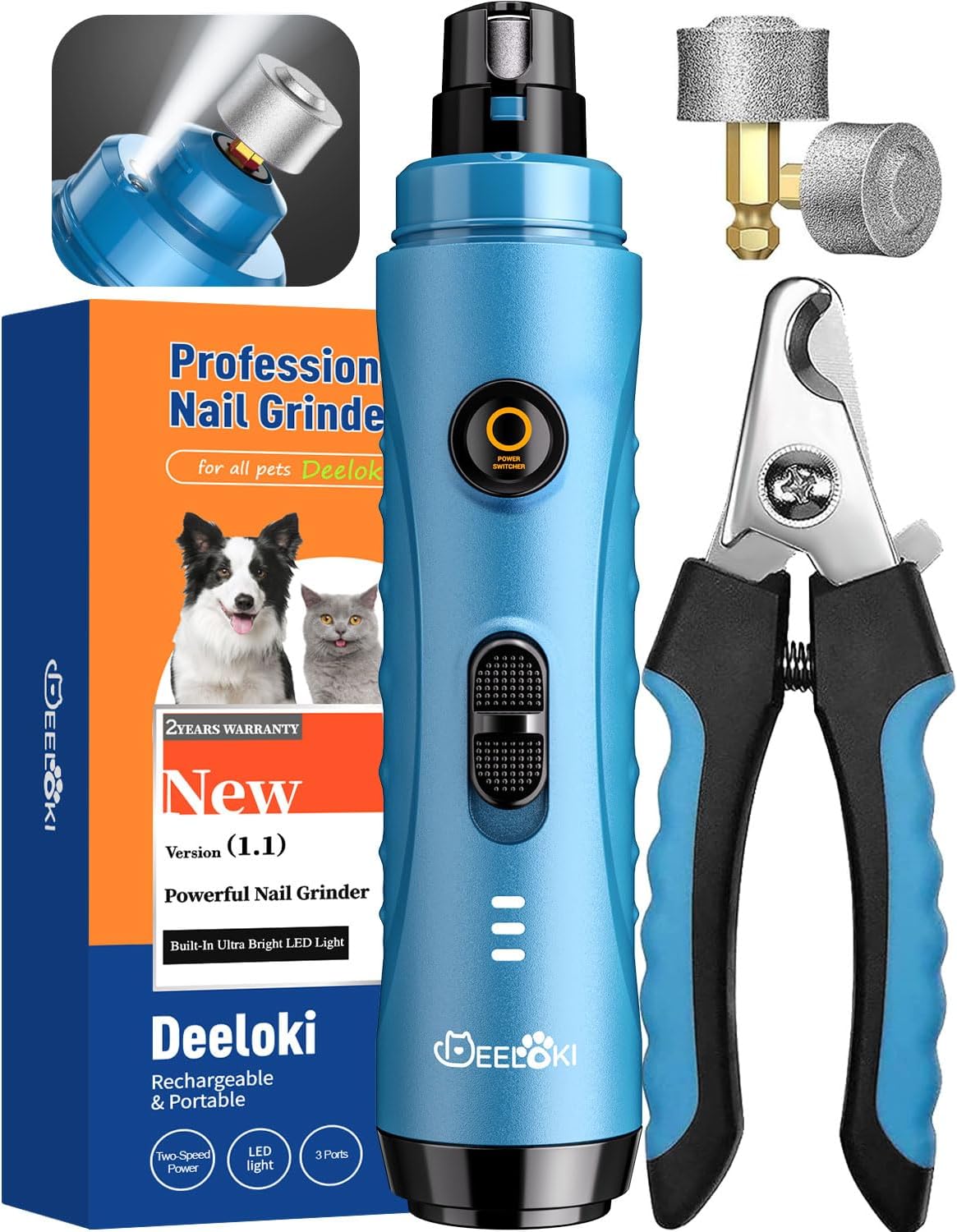 Dog Nail Grinder with LED Light Upgraded 2 Speeds Painless Pet Dog Nail Trimmers and Clipper Super Quiet Best Cat Dog Nail Clipper Kit for Large Small Dogs Pets Cats Breed Paws Quick Grooming