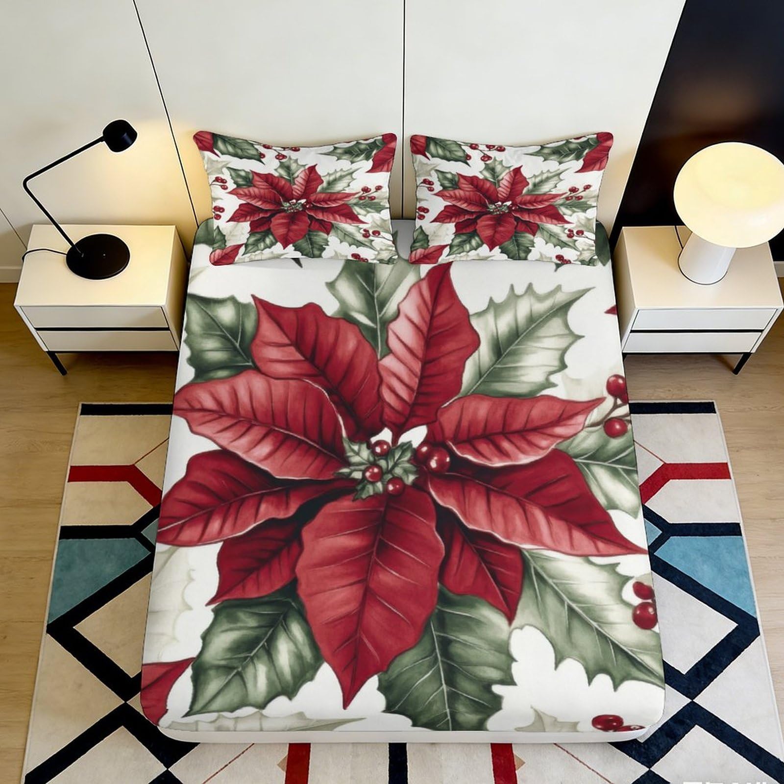 Pnayamiorkfel Style-10 3D Printed Poinsettia Christmas Fitted Sheet Microfiber Floral Red Green Bed Cover For Bedroom Guest Room Decor 90X200x25cm