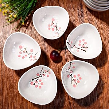Ceramic Sauce Dish Set of 5, 3.66'' Triangular Plum Pattern Small Bowls