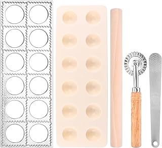 5Pcs Ravioli Mold Set, Ravioli Maker Press with 1 Wood Rolling Pin, 1 Ravioli Cutter, 1 Stuffing Spoon, 12 Holes Ravioli Stamp Pasta Making Kit for Ravioli Pasta Dumpling Meat Pie