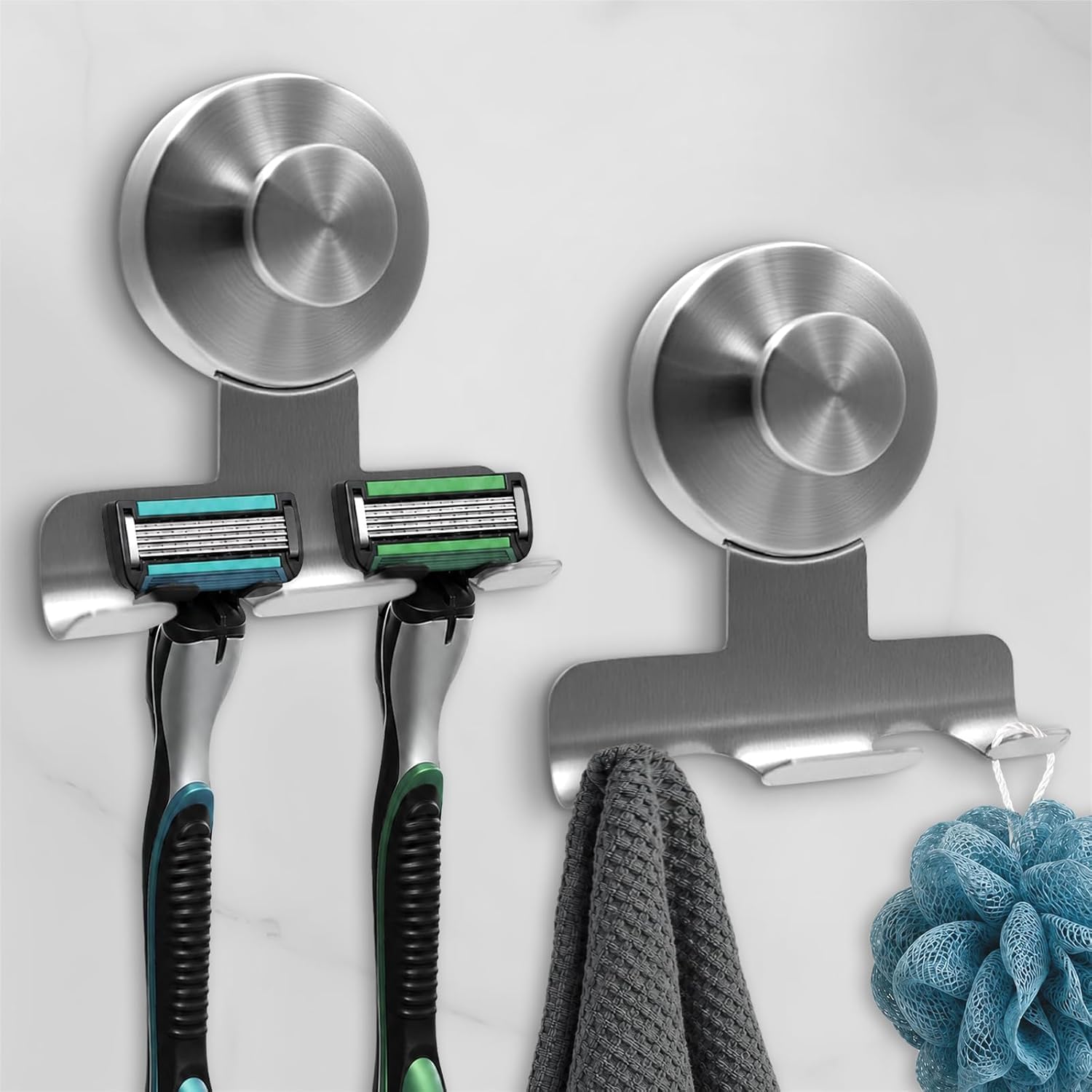 2 Pack Shower Razor Holder,Powerful Vacuum Suction Hooks for Razor,Towel,Loofah,Damage-Free Metal Shower Hooks(Silver)