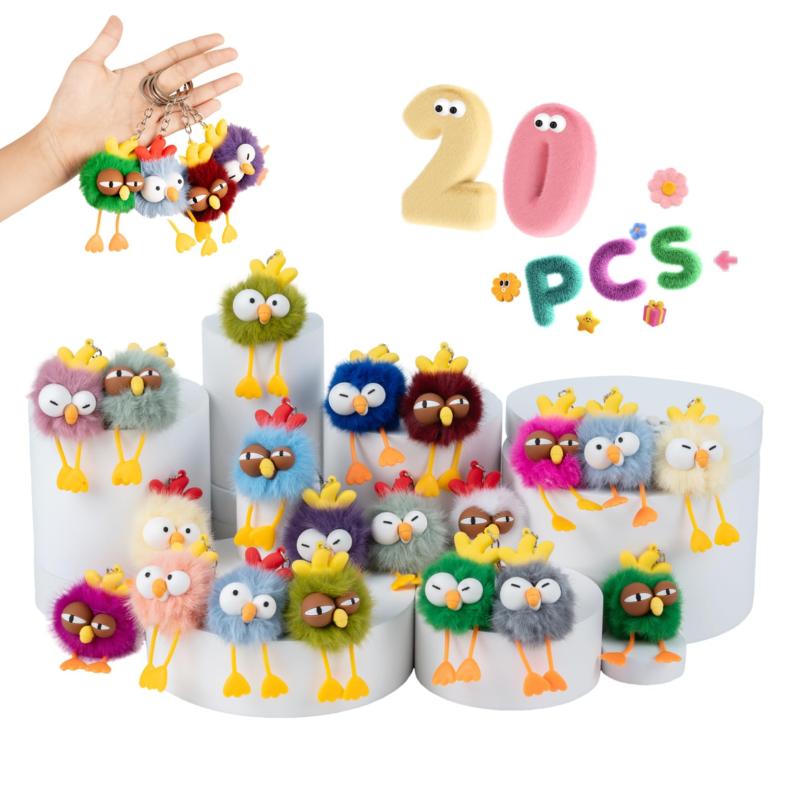 OMyFav 20 portachiavi per feste per bambini, portachiavi carini a forma di gallina, sacchetti regalo di compleanno per bambini, portachiavi in classe (20 pezzi)