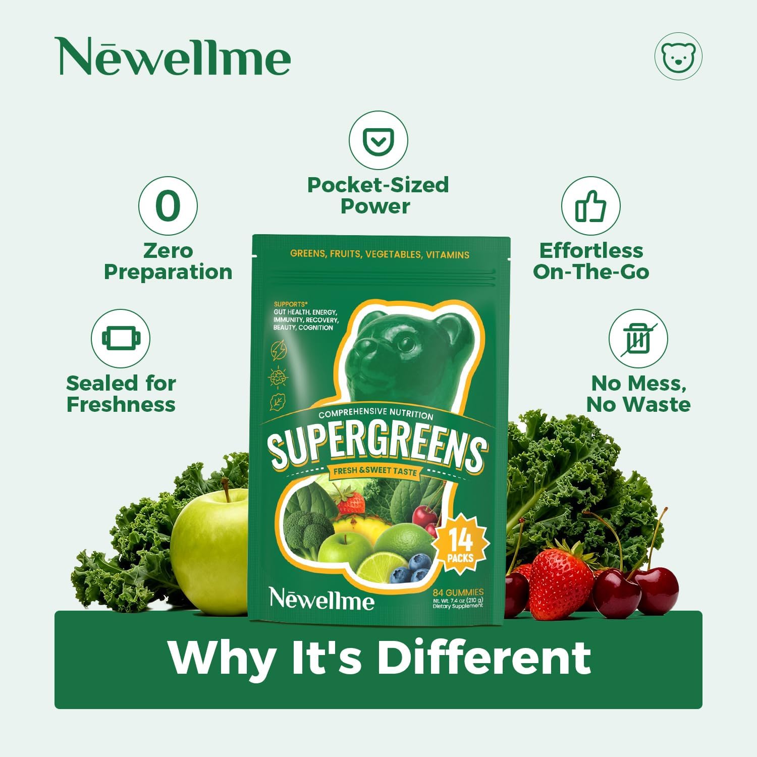 NEWELLME Daily Super Greens Gummies - 6g Fiber per Serving - Sugar-Free, Vegan & Gluten-Free - Essential Multivitamin with Probiotics for Digestive Health, Energy & Immunity - 14 Grab-and-Go Packs