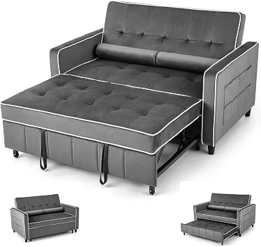COSTWAY 2-Seater Convertible Pull Out Sofa Bed, Velvet Click Clack Sofa Bed Settee with Adjustable Backrest & Pillows, Upholstered Double Reclining Sleeper Lounge Couch for Living Room Bedroom Grey