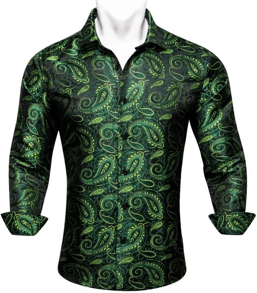 Shirts for Men Silk Long Sleeve Green Paisley Embroidered Slim Fit Male Blouses Casual Tops