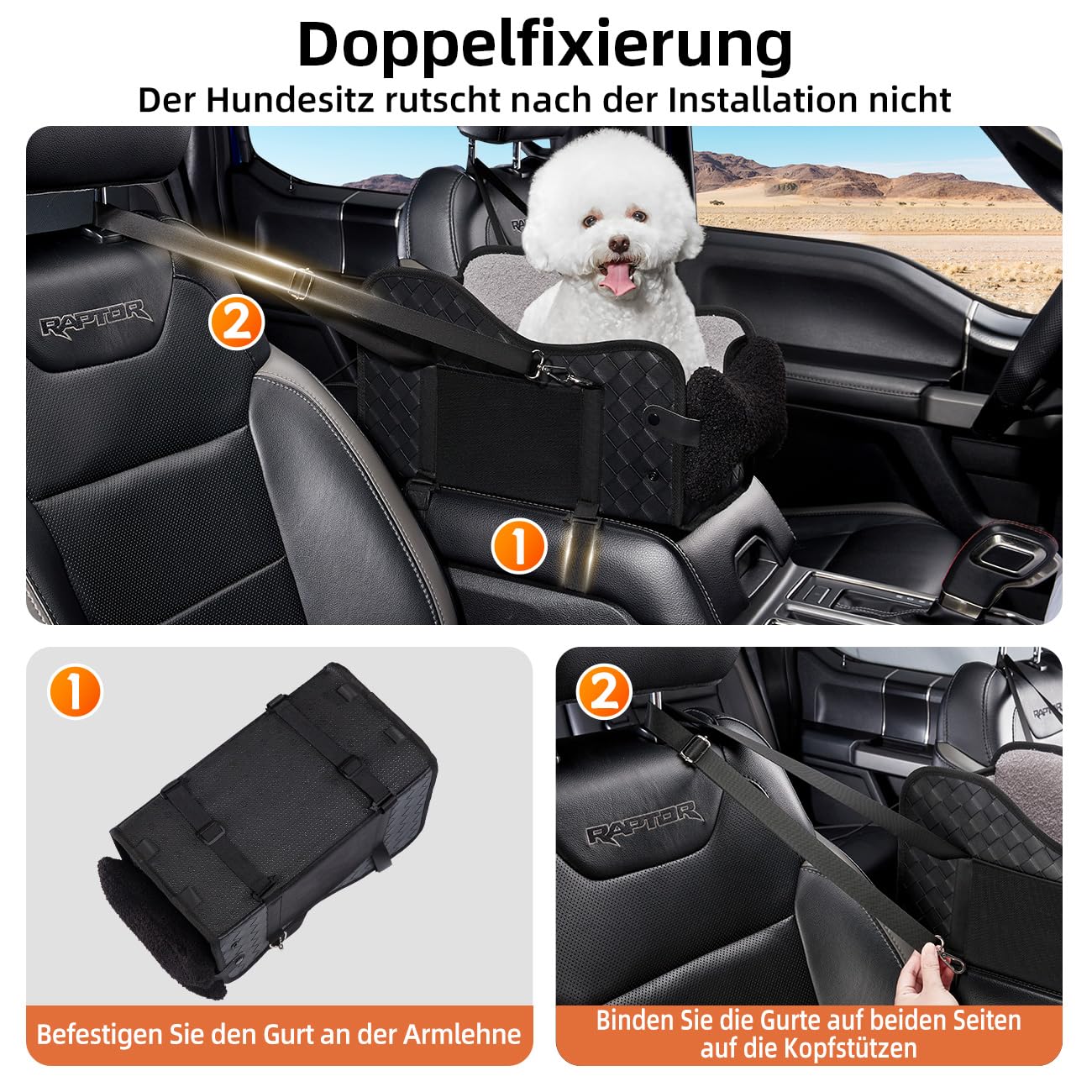 GGW Mittelkonsole Hundesitz für kleine Katzen, wasserdicht, Leder-Schwarz | Doppelte Befestigung, Seitentaschen & Schnellmontage. Passt zu 99% der Mittelarmlehnen.