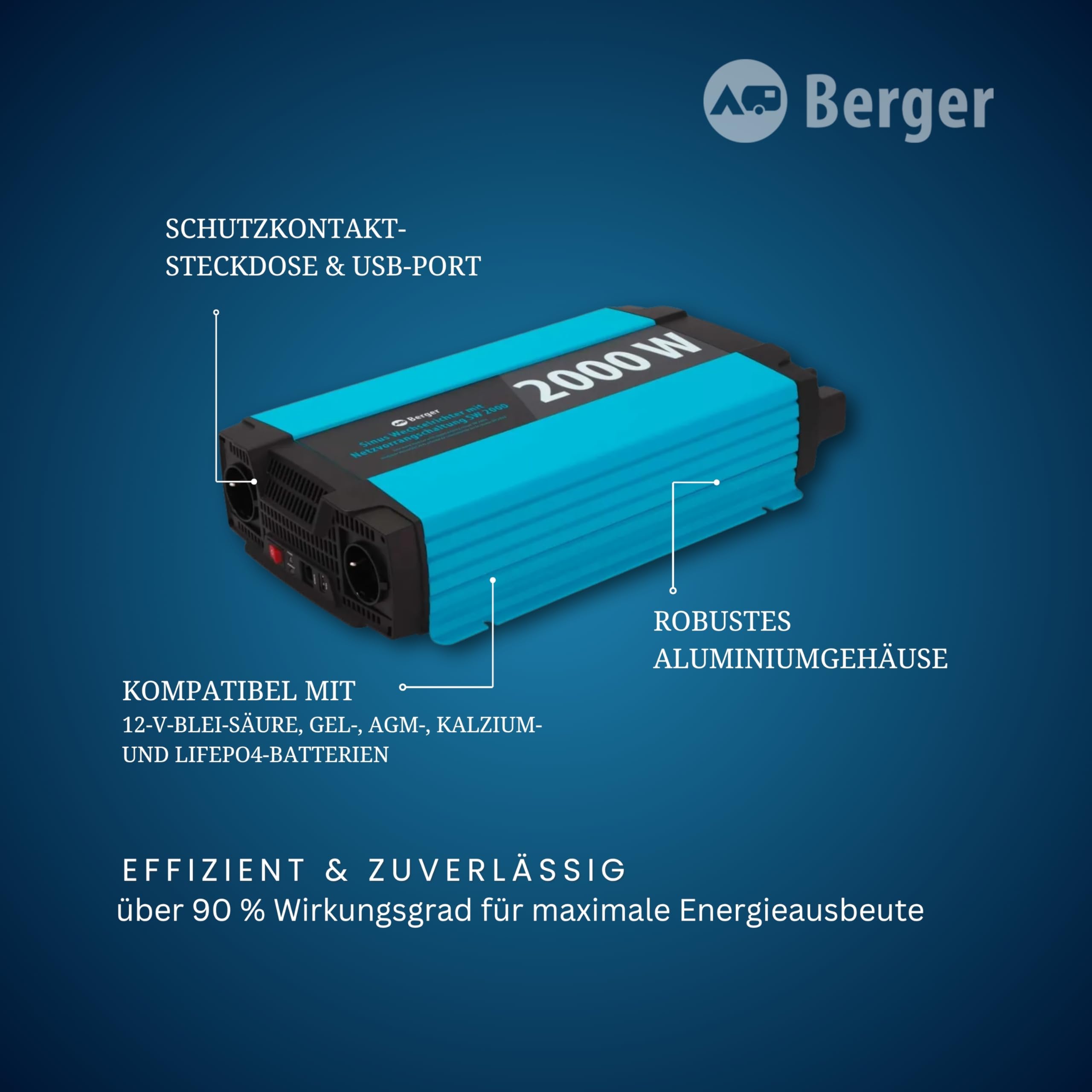 BERGER Sinus Wechselrichter mit Netzvorrangschaltung | 12 V DC auf 230 V AC Spannungswandler | Reine Sinuswelle für empfindliche Geräte | hoher Wirkungsgrad > 90% | Überlastschutz (2000 W)