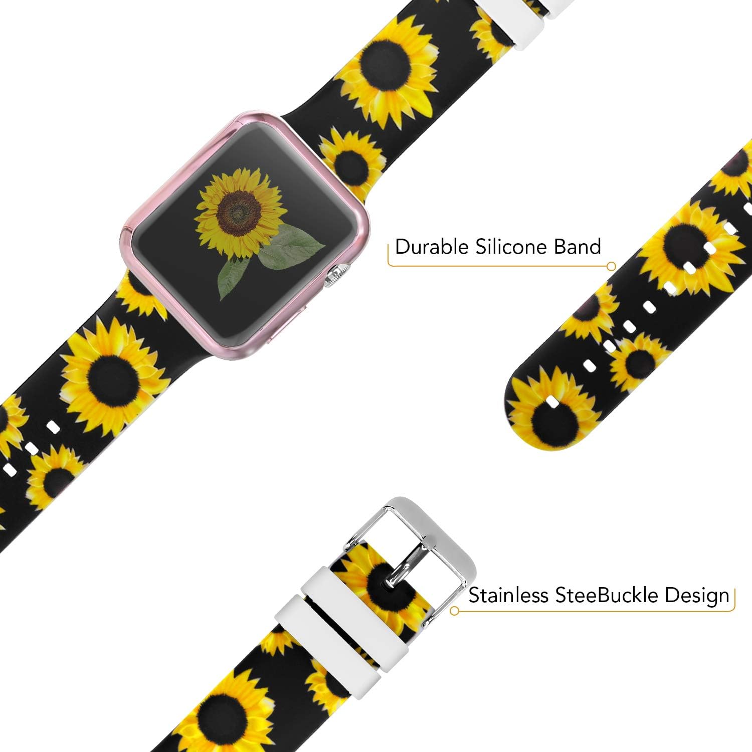Compatible for Apple Watch Band 40mm Women with Screen Protector Case, Floral Soft Silicone Sport Wristband for Apple Watch iwatch Series 6 5 4 SE (40mm, Sunflower)