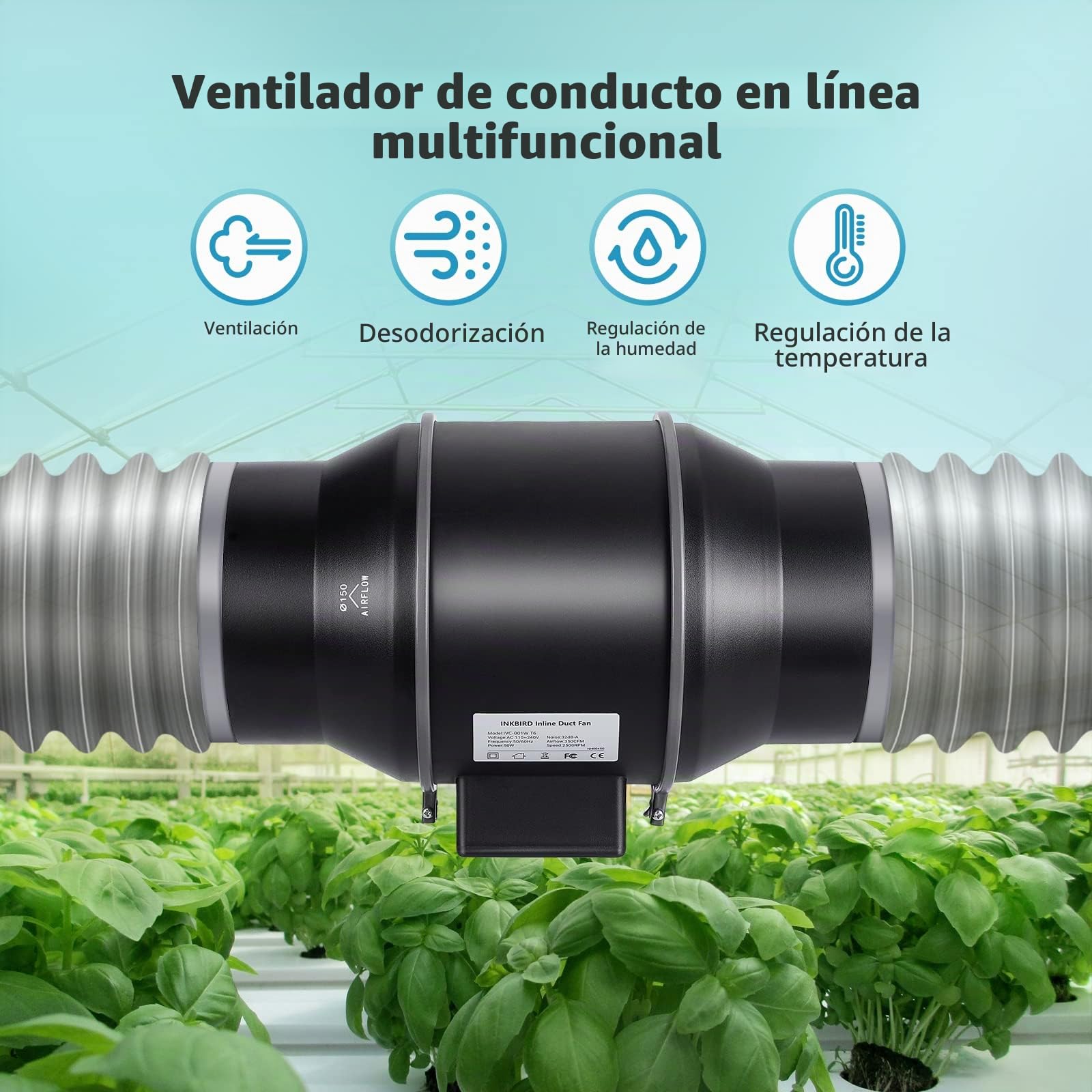 Inkbird Extractor de Aire Wifi, 6 Pulgadas Inteligente Con Sonda, APP Control, Bajo Ruido en Línea Para Sótanos, Baños, Cocinas, Talleres