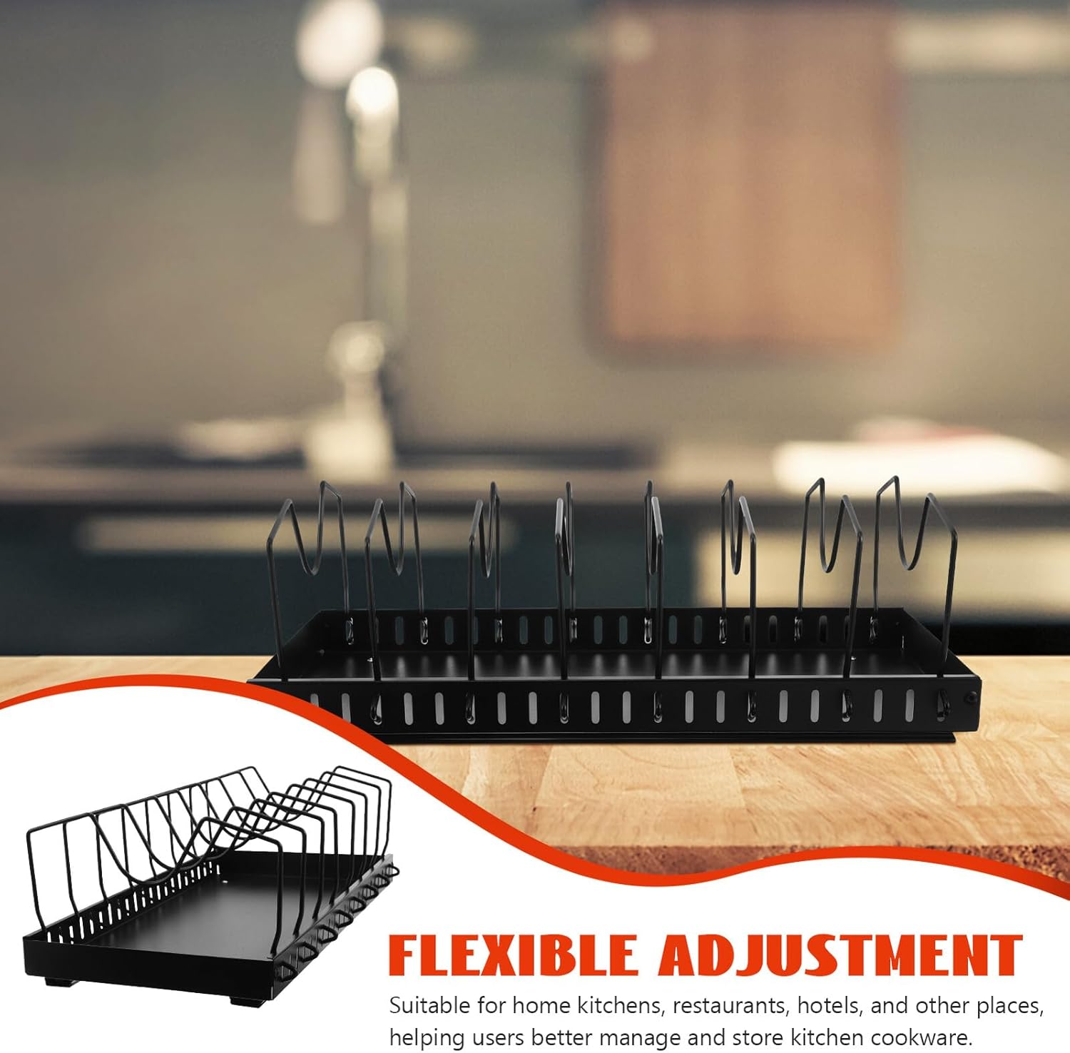 Adjustable Pot Lid Organizer with 7 Dividers 42cm Sliding Rack Black Kitchen Cabinet Storage Rack for Pan and Bakeware Organization