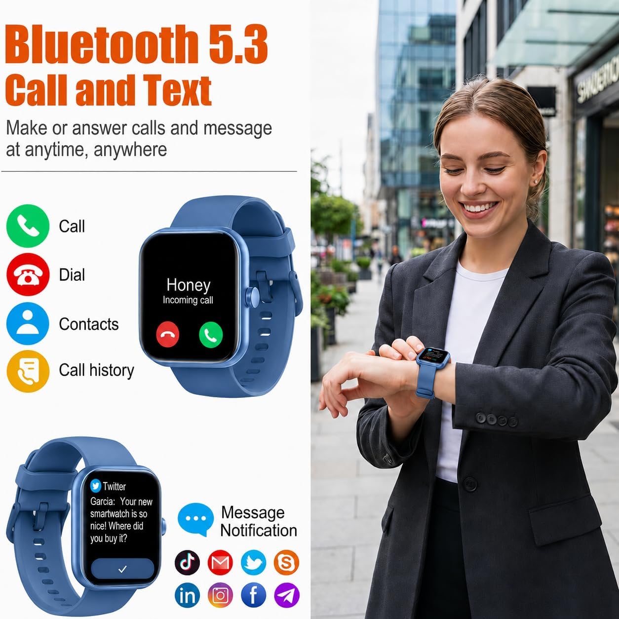 Coucur Smart Watch for Men Women (Answer/Make Call), 1.83" HD Touchscreen Fitness Tracker, 110+ Sport Modes, Fitness Watch with Heart Rate/Sleep Monitor/Step, Waterproof Smartwatch for Android,Blue image 2