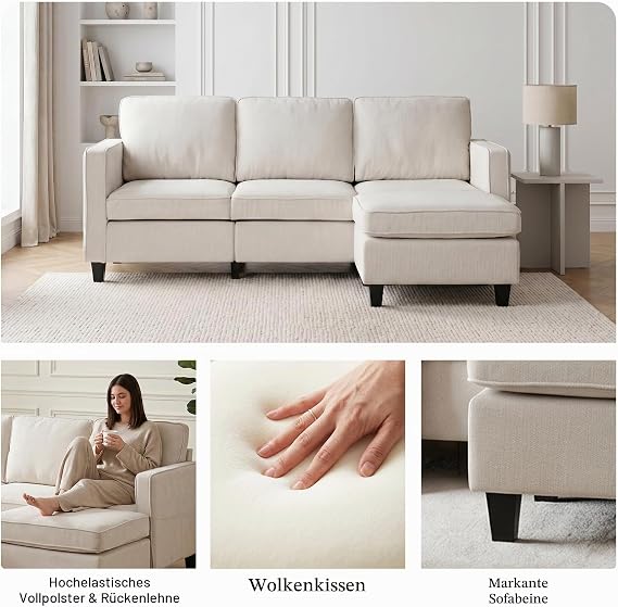 JIEXI L-Shaped Sectional Sofa 3 Seater Boucle Fabric Sofa with Chaise Longue Modern Modular Couch with Wheels for Living Room Small Space Beige