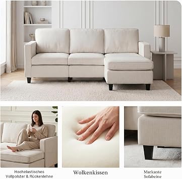 JIEXI L-Shaped Sectional Sofa 3 Seater Boucle Fabric Sofa with Chaise Longue Modern Modular Couch with Wheels for Living Room Small Space Beige