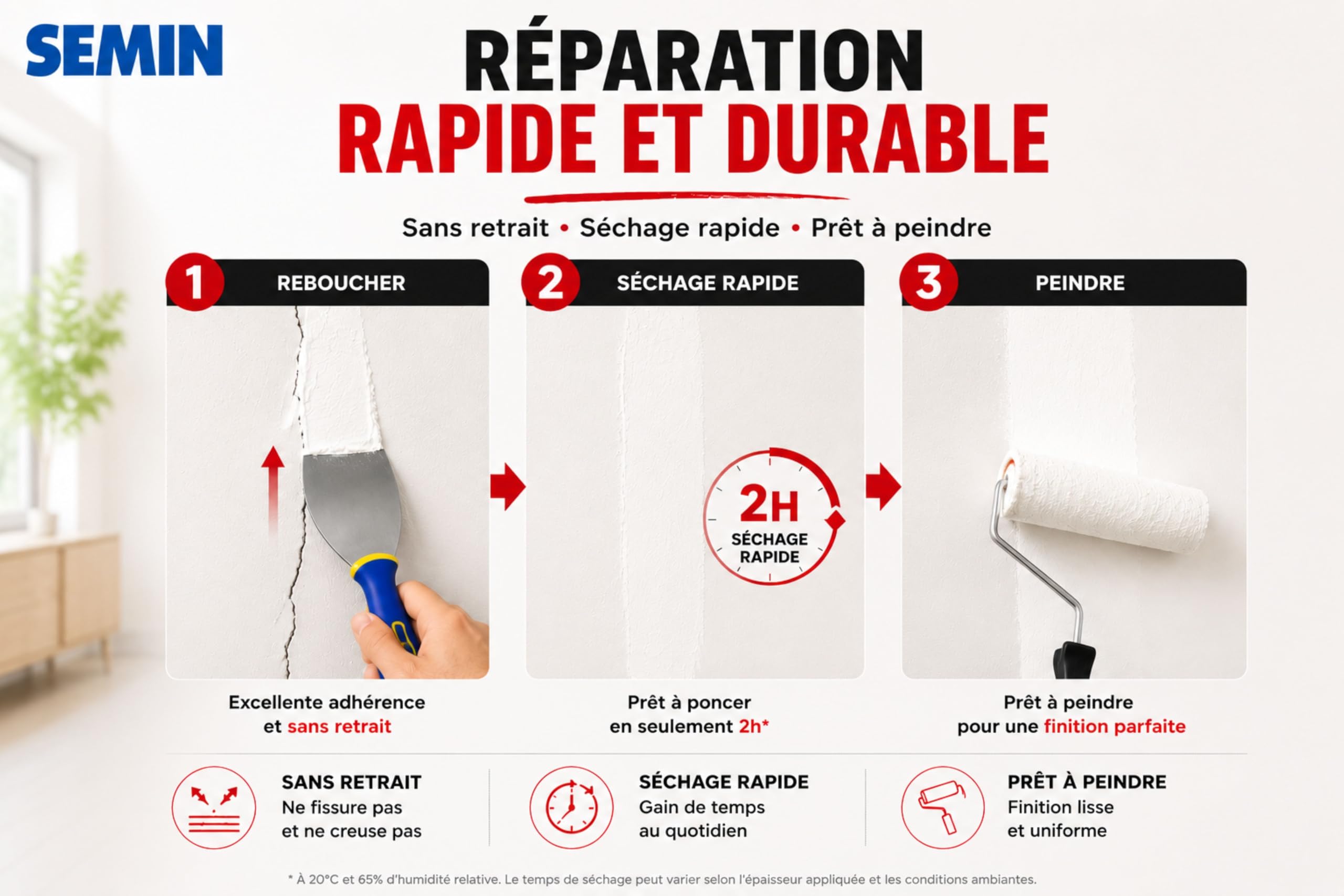 SEMIN SEM-LIGHT Enduit Léger de Rebouchage et Lissage –2 x 5 L – Sans Retrait, Séchage Rapide – Réparation Trous et Fissures – Intérieur Murs et Plafonds – Blanc Mat Prêt à l'Emploi