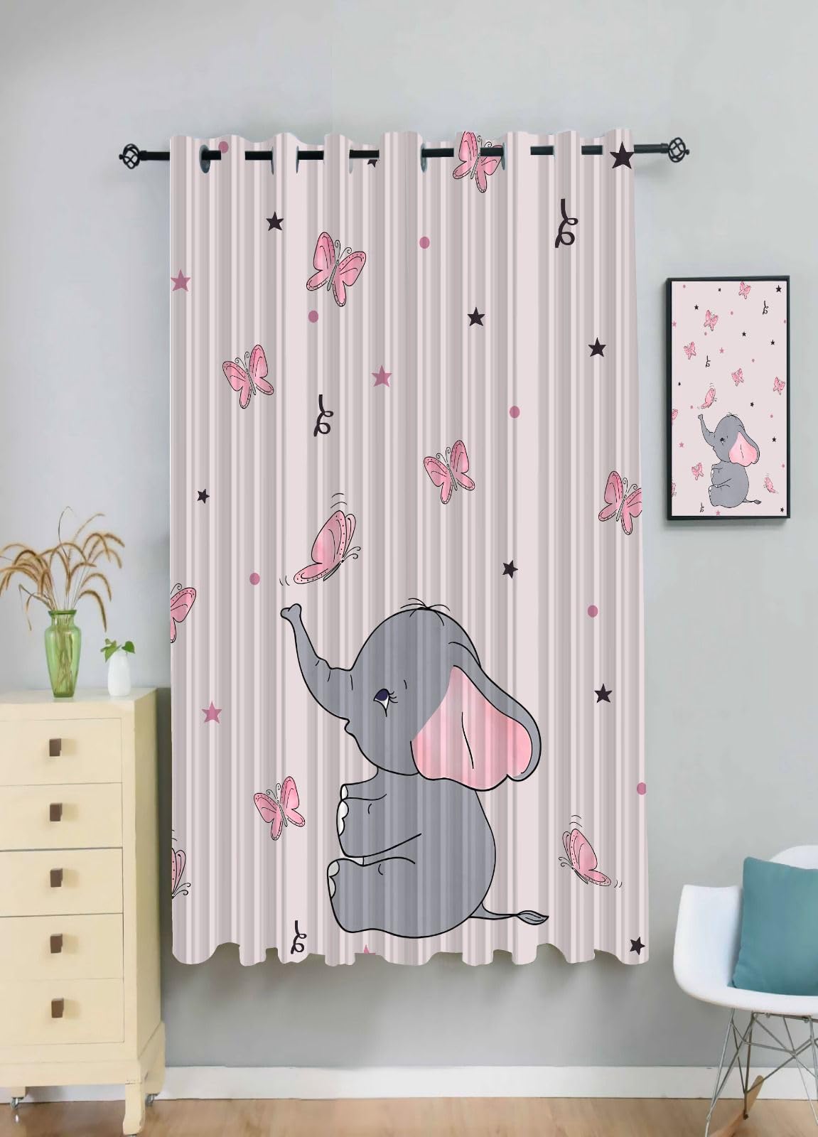 Newturn Textiles Kids Room Curtains (5ft Pack of 1), Grommet | Cute for Bedroom, Playroom | Window Curtain | Polyester Material | HD Print Semi Transparent | Elephant Print| Baby Pink-image-24