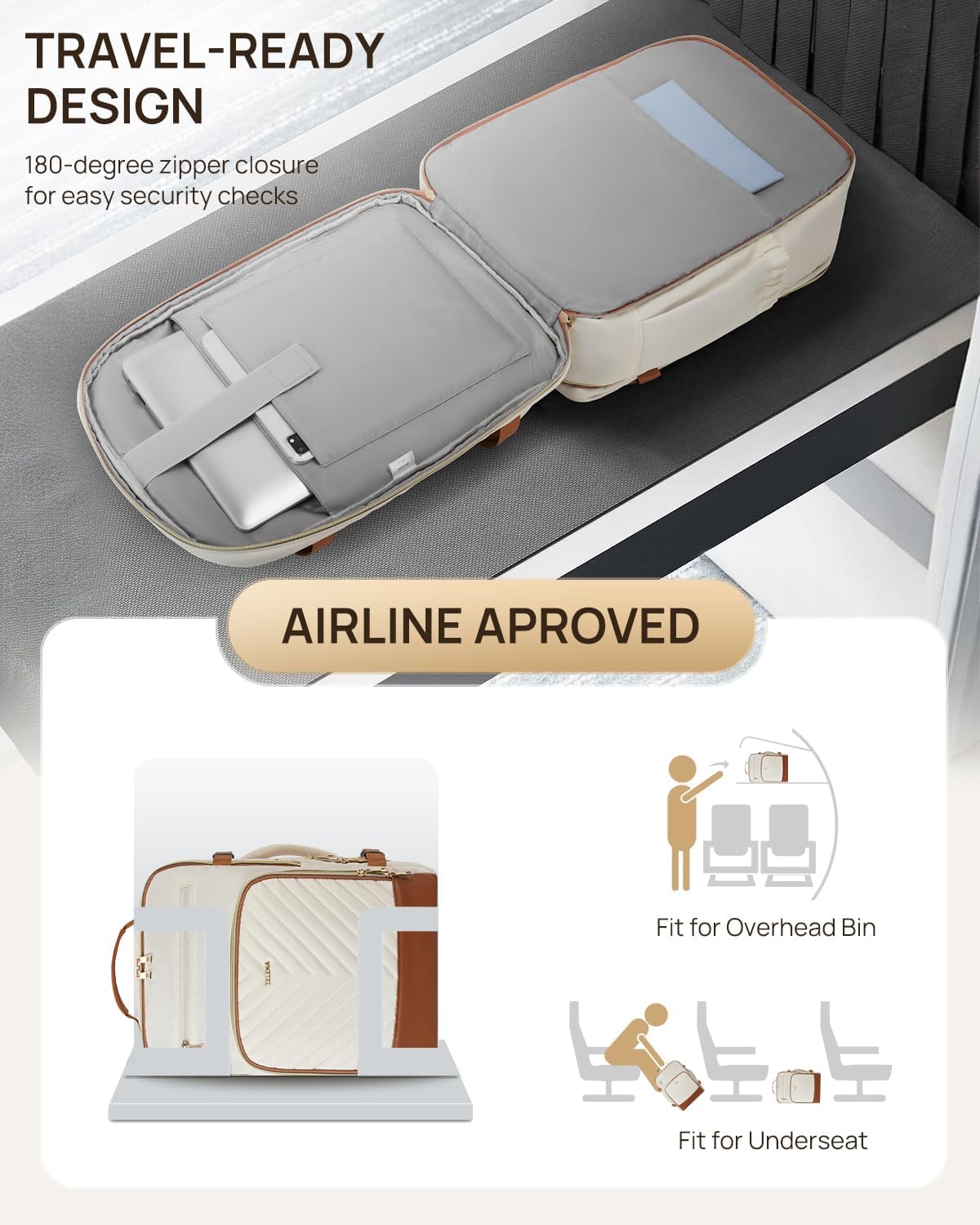 Telena Travel Backpack for Women, 15.6 inch Laptop Backpack TSA Carry on Backpack Personal Item Size Flight Approved Travel Bag Daypack with Multi-Pockets for Work, Travel, Business, Beige-Brown - Image 3