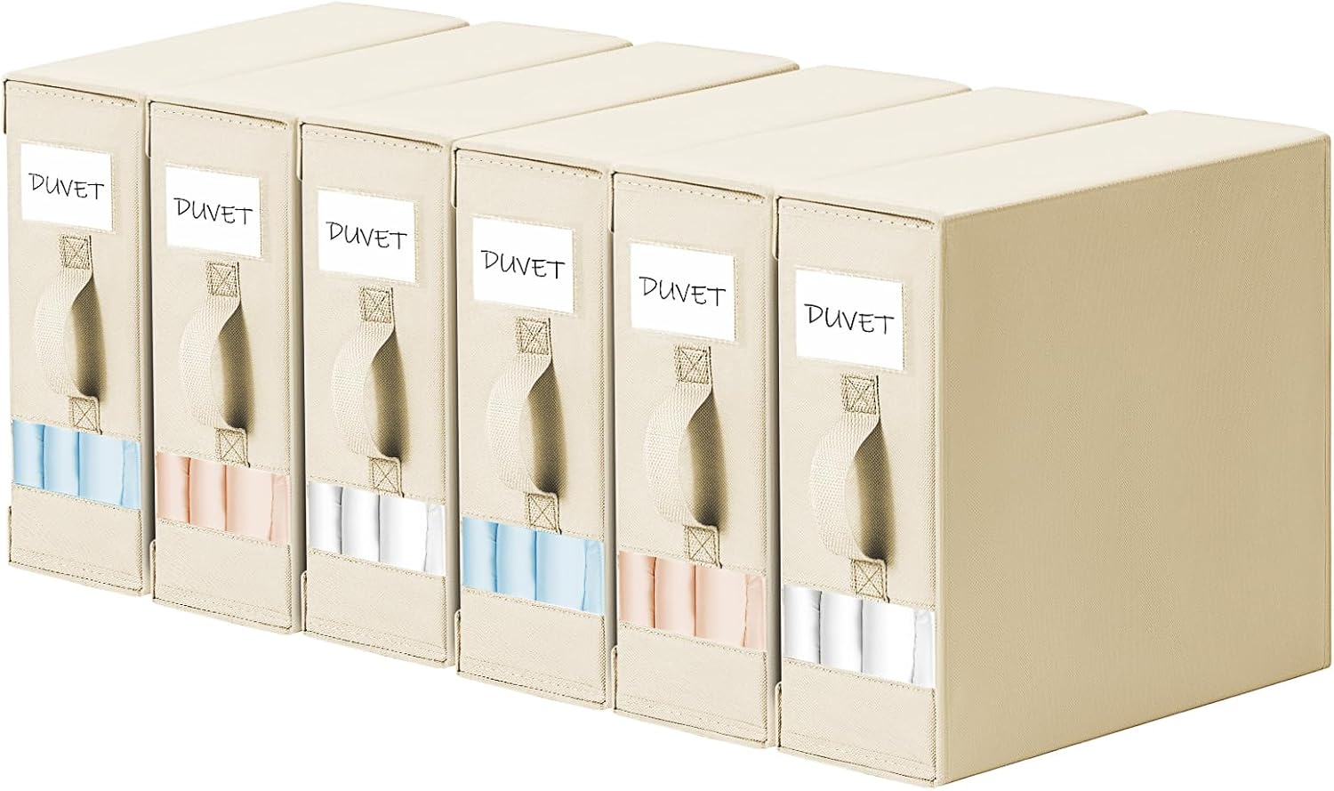 DIMJ Bed Sheet Organizers and Storage 6 Pack - Foldable Sheet Holder for Linen Bedding Storage Box for organization, Sheets Set Holder for Blanke, Towel (King & Queen Size), Beige