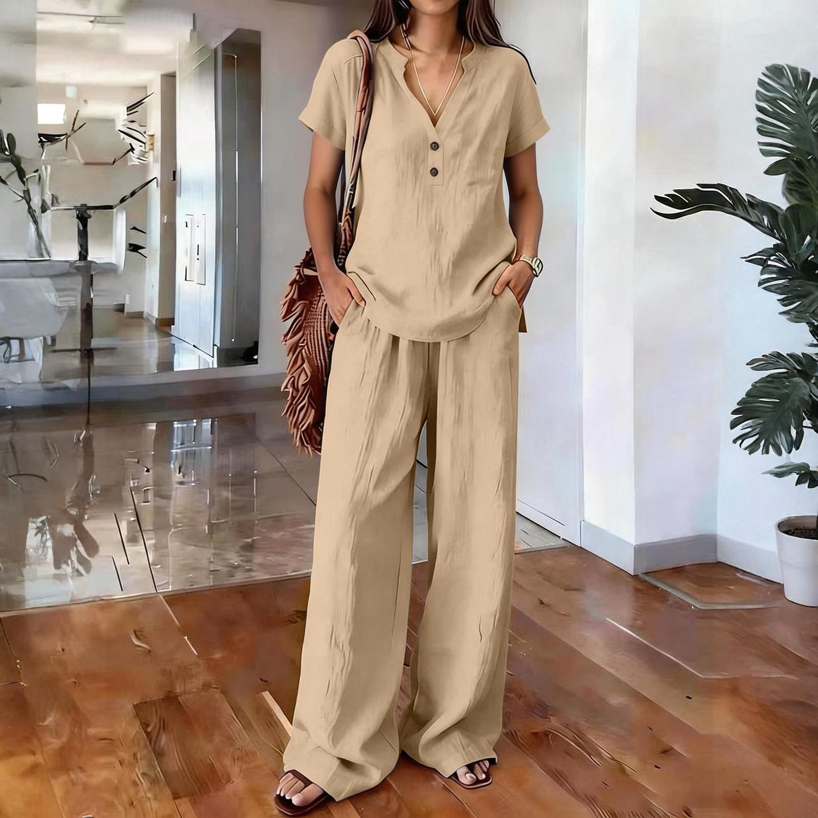 Conjunto Verano Mujer Conjunto Mujer Dos Piezas Verano Elegante Lino Cuello en V Casual Ligero y Transpirable Conjuntos Deportivos Mangas Cortas Blusa y Pantalon para Uso Diario Oficina