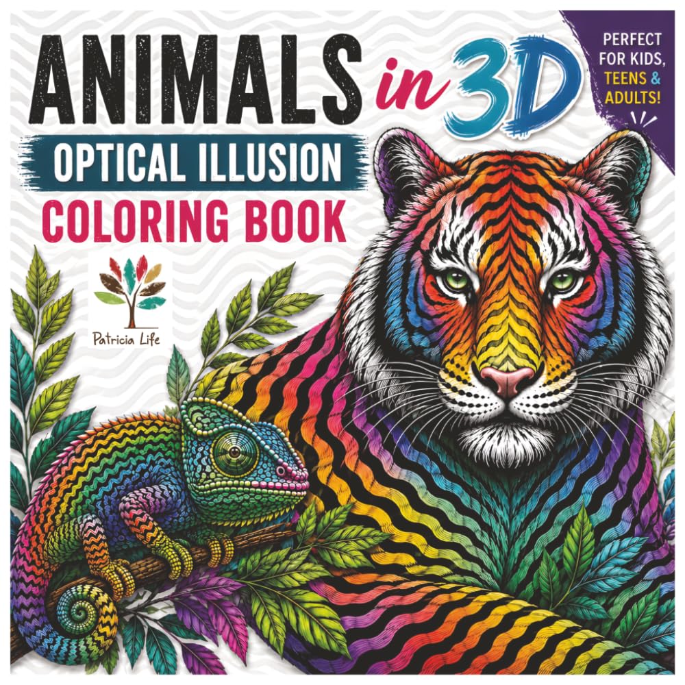 Animals in 3D Optical Illusion Coloring Book: 40 Wild Animal Op-Art Designs to Color for Kids, Teens, and Adults