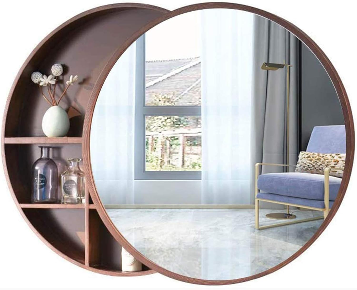 Round Bathroom Vanity Mirror with Cabinet Bathroom with Wall Storage Cabinet Makeup Mirror Medicine Cabinet with Slow-Close Wooden Frame 3 Level