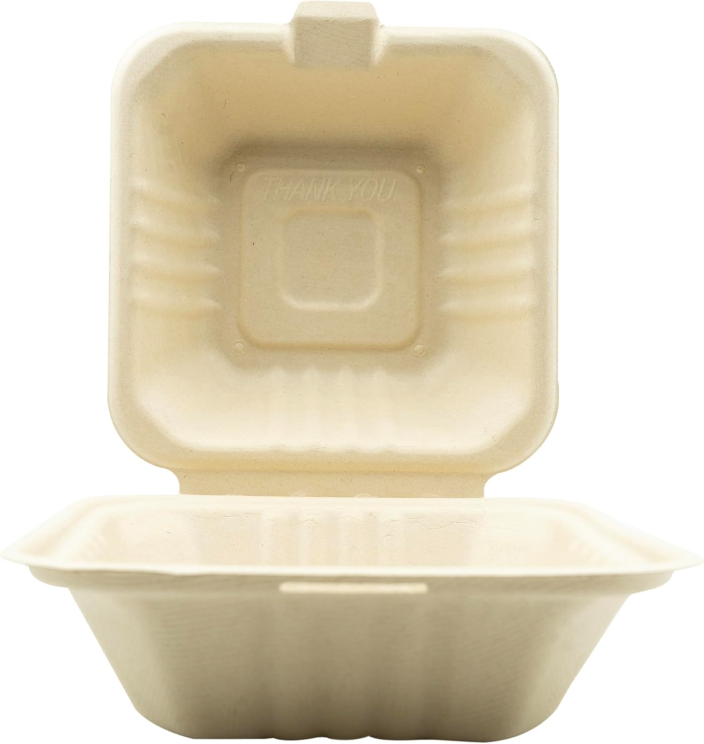 BioGreenChoice 6x6x3 500 CT 100% Compostable Fiber Molded Bagasse PFAS Free Take out Clamshell Container, Hinged, Unbleached Made of Biodegradable Sugarcane Bagasse, Eco-Friendly To-Go Container
