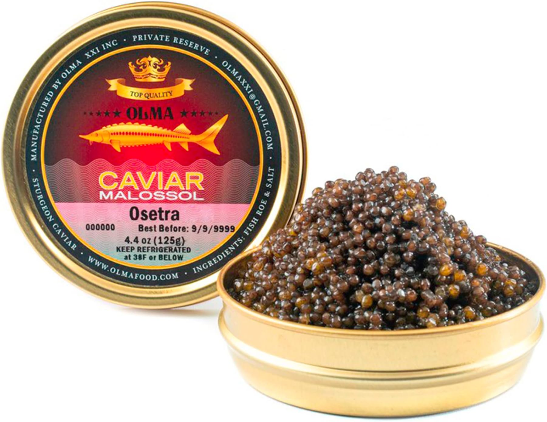 OVERNIGHT SHIPPING- OLMA Osetra Sturgeon Black Caviar - Smooth Flavor, Superior Grade - 4.4 oz / 125 g