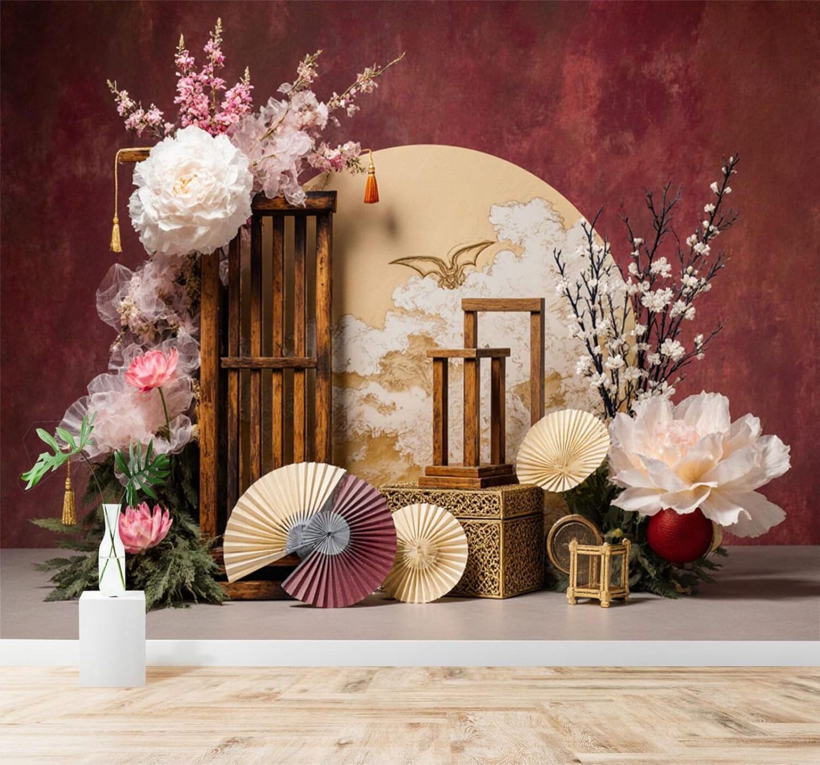 Xlming 250Cm×170Cm(B×H) Creative Peony Lotus Wooden Frame Unique 3D Wallpaper Silky Texture Home Study Office Grey Dining Room Sofa Bedroom Living Room Tv Backdrop-250Cm×170Cm