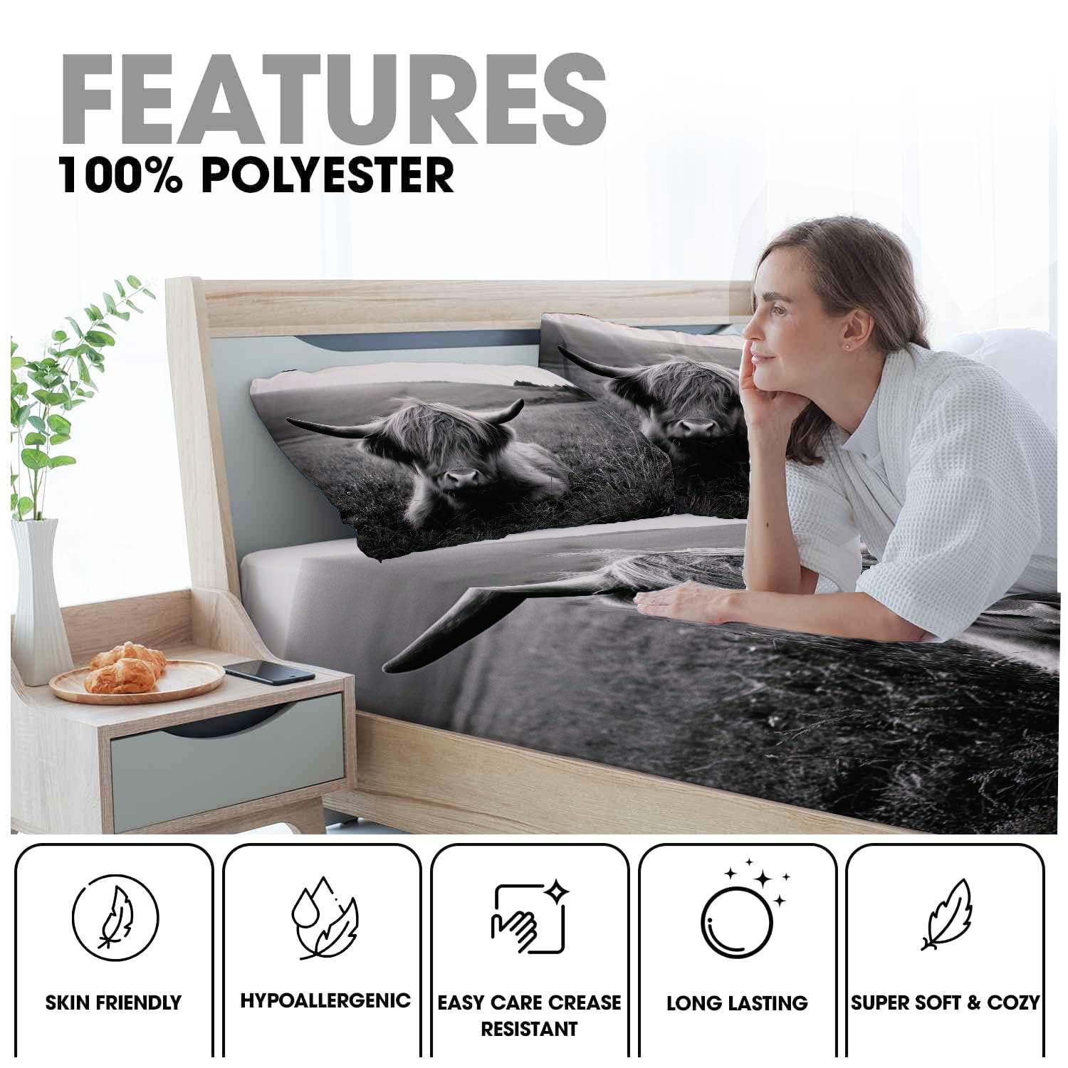 Sábanas 200X190/200Cm - Juego De Sábanas 3 Piezas Estampadas Ganado Tierras Altas Vintage - Microfibra Suave Transpirable - Sábana Bajera Ajustable - Ropa De Cama Animales Pastizales (Blanco Negro)