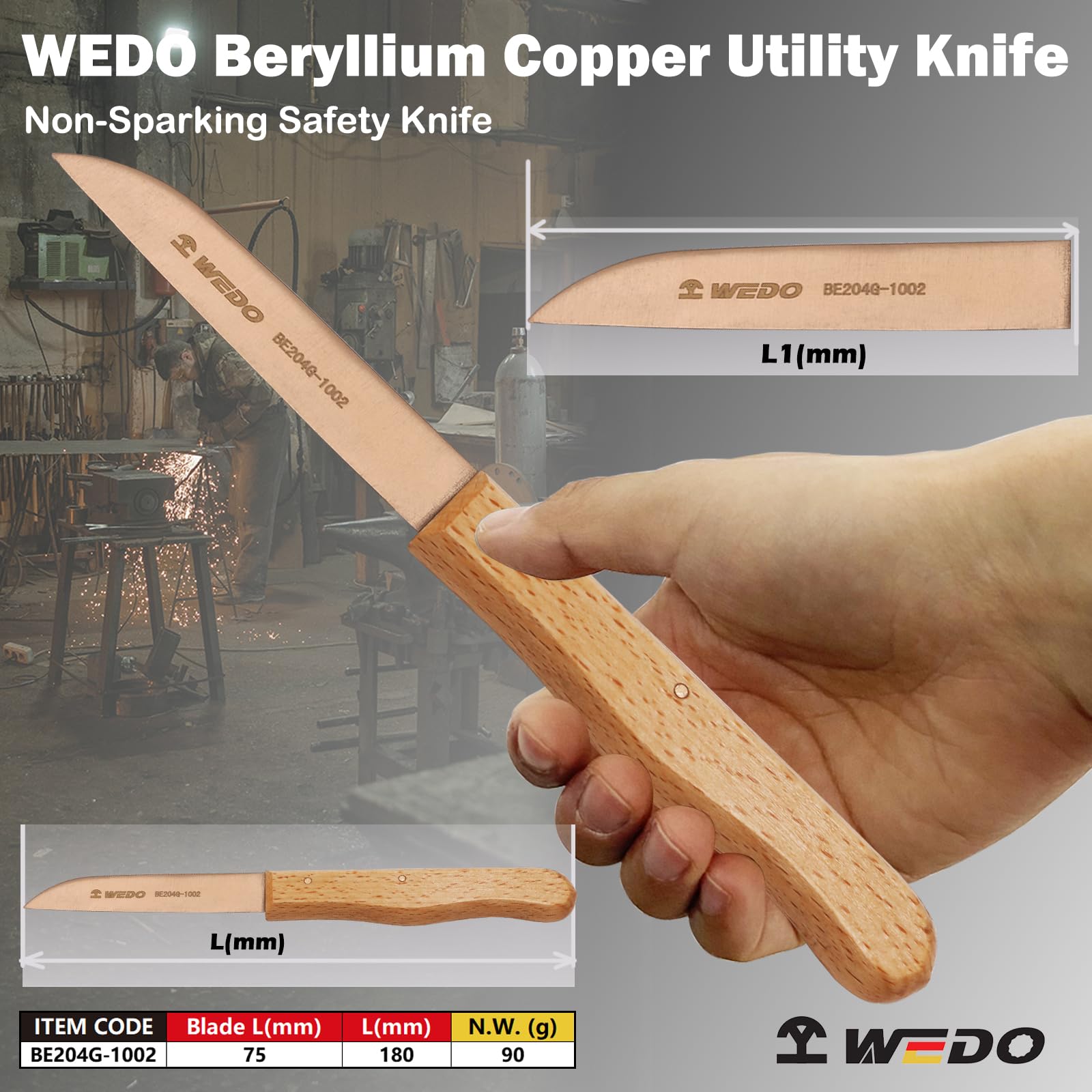 WEDO Coltello antiscintilla in rame al berillio, coltello di sicurezza senza scintille, non magnetico, pressofuso, resistente alla corrosione, standard DIN