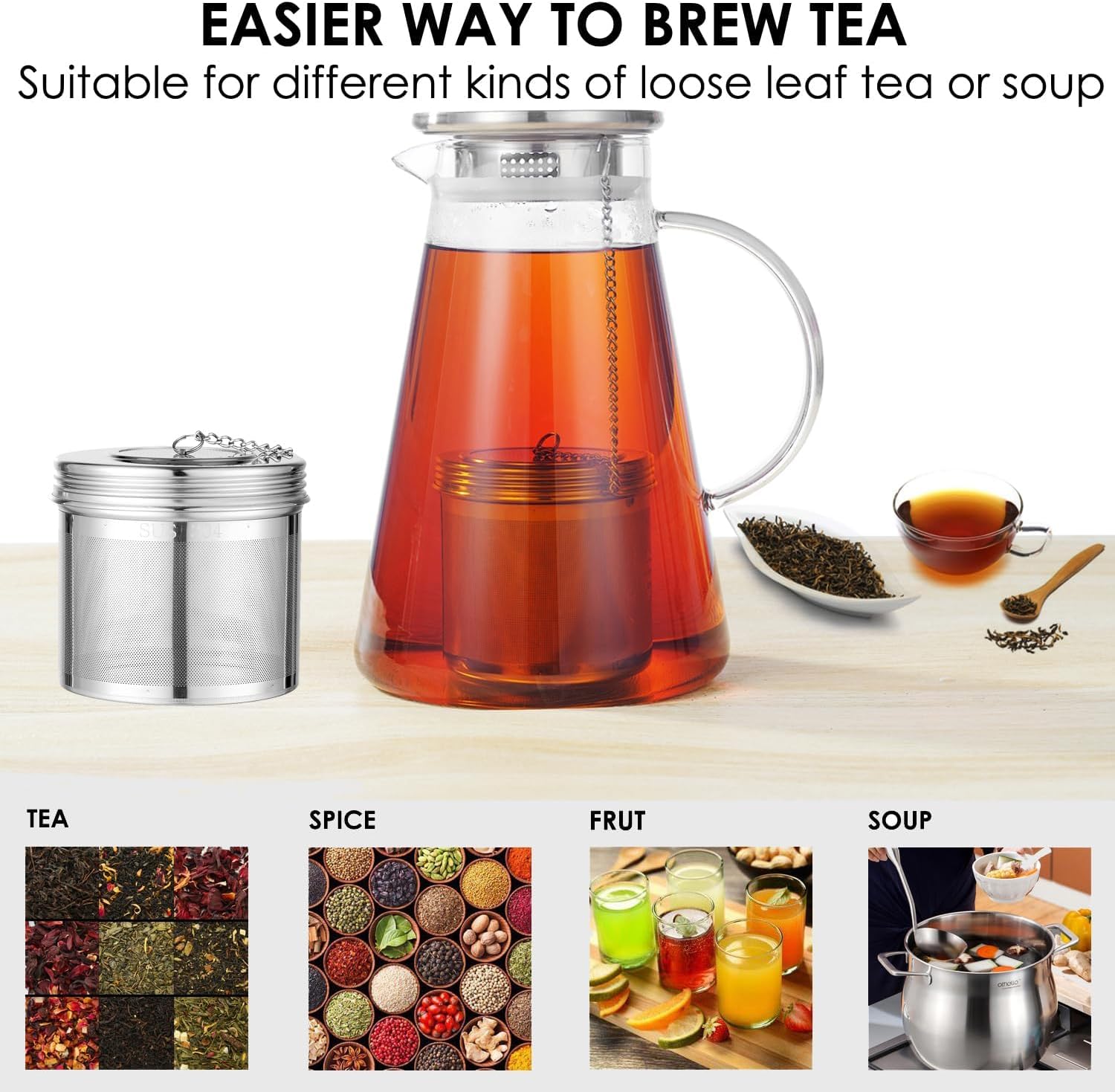 Extra Large Tea Infuser -304 Tea Filter with Threaded Lid & Chain Hook-Perfect for Loose Leaf Tea,Cooking,Herbs,Iced Tea & Soup - Extra Fine Mesh Tea Strainers - Image 3