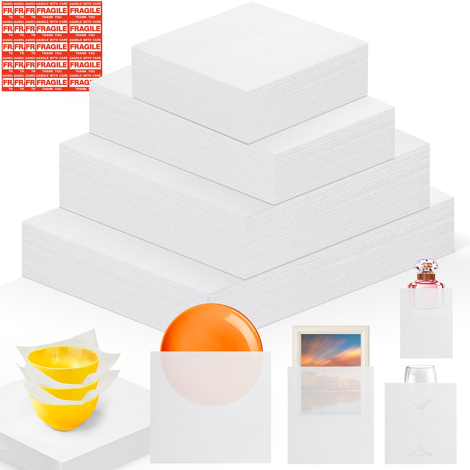 Photo 1 of 540 pcs Moving Dish Packing Supplies, 290 Cushion Foam Pouches and Sheets, 4 Sizes (16x12", 12x12", 12x7.8", 7.8x7.8") with 250 Fragile Stickers, Foam for Plates and Fragile Shipping Storage.