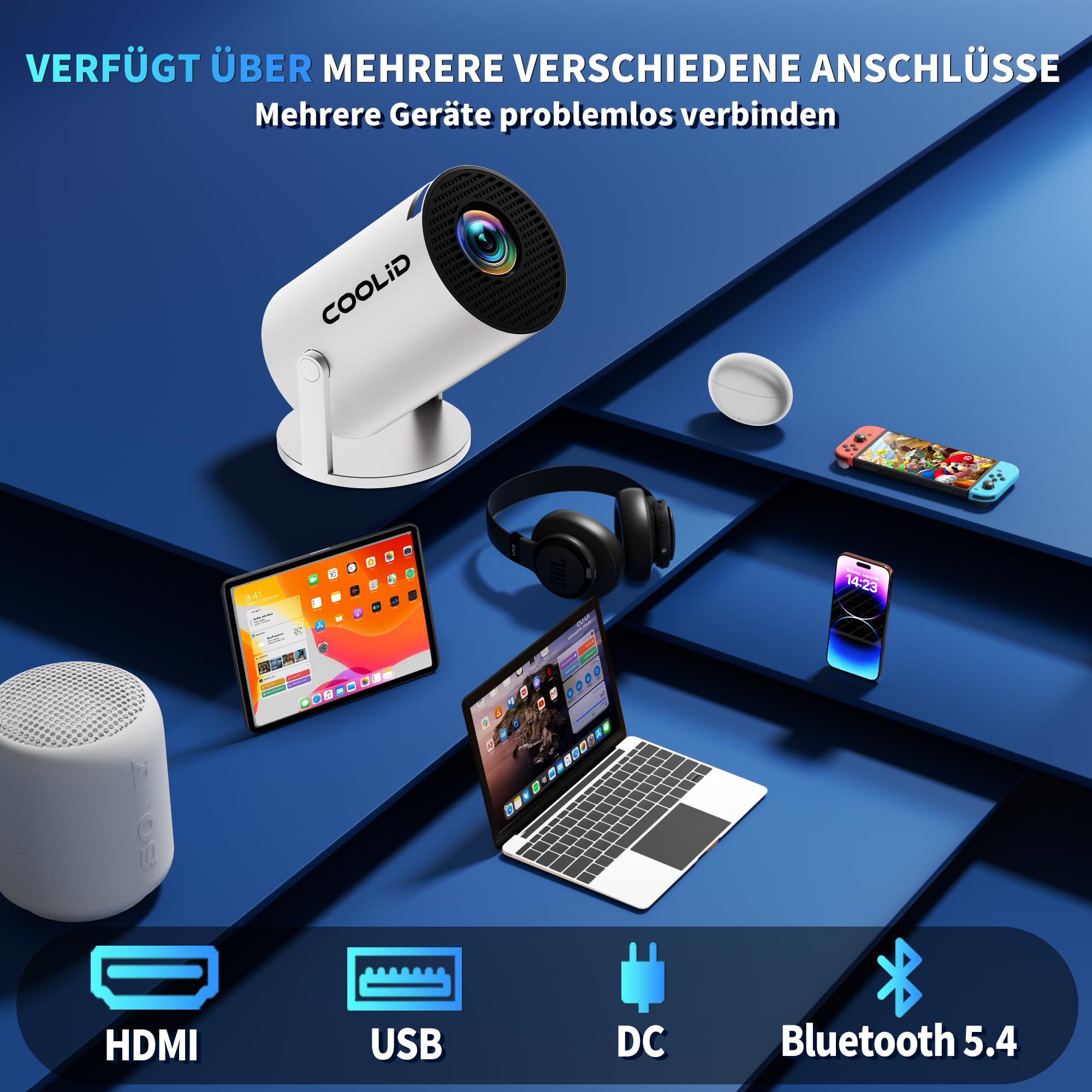 Mini Beamer Unterstützt 4K 1080P 2026 Neuer Tragbarer Projektor mit 5G WiFi 6 und BT 5.4, Beamer Klein Projektor mit Automatische Trapezialkorrektur 180 ° Drehung für HDMI/Tv Stick/USB/Laptop, Weiß