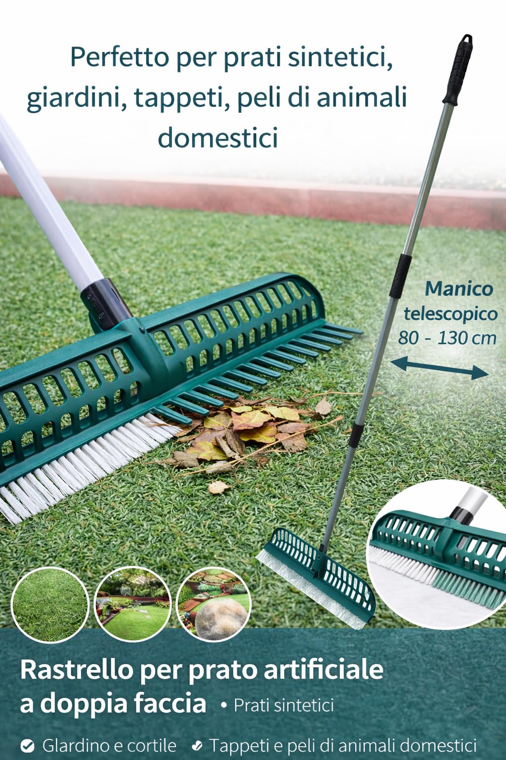 Scopa Rastrello Prato Sintetico a Doppia Faccia Spazzola Pulizia Erba Artificiale Setole in Poliammide Larghezza 45cm per Pulizia Giardino, Tappeti e Peli Animali