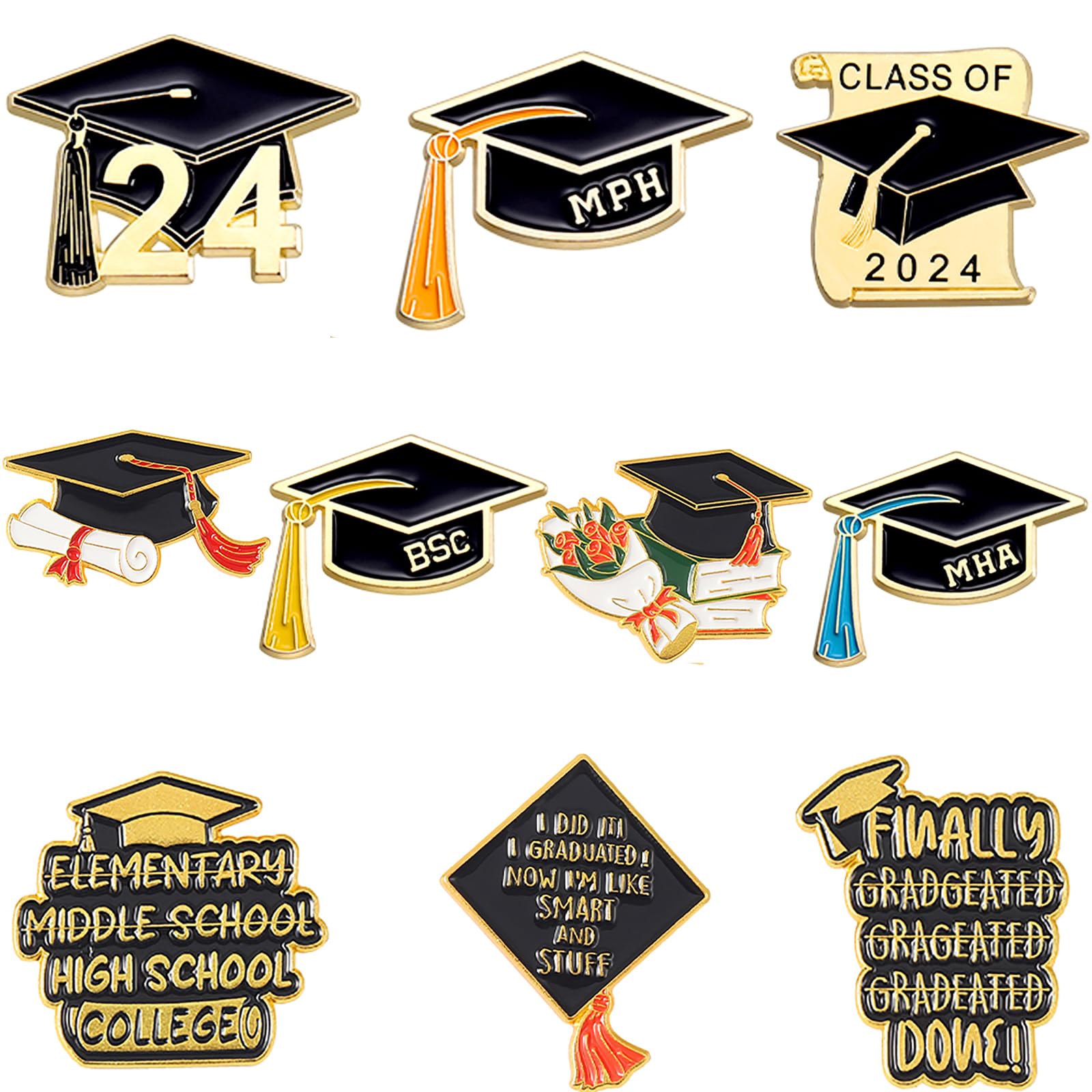 Graduation Enamel Pins Set, Book Flower Graduation Cap and School Diploma Graduate enamel lapel pins for Student Black Letter Enamel Brooch Pin for Jackets Badges Accessories Gifts-All