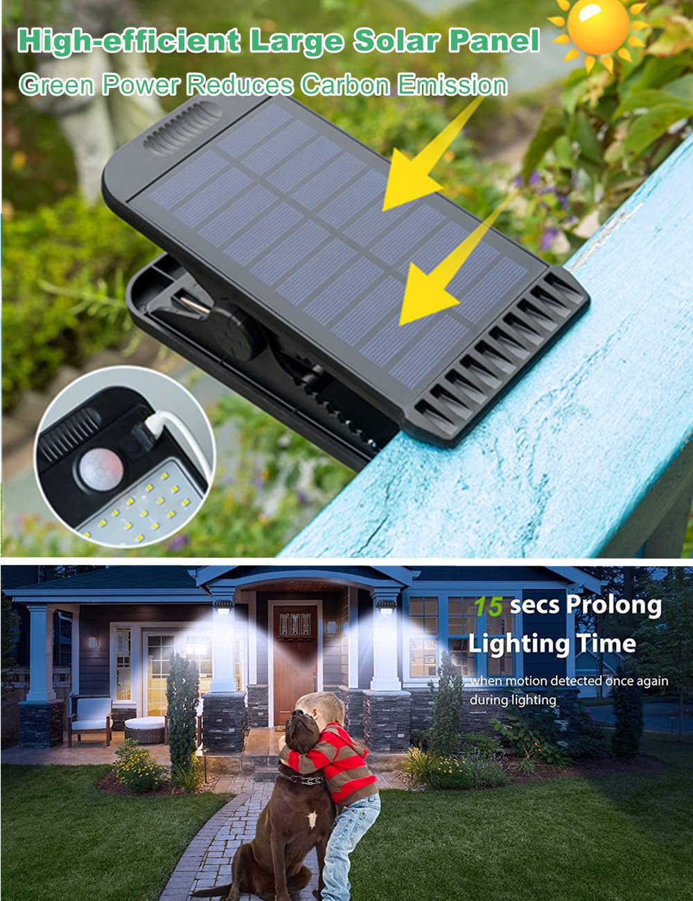 Lampes de sécurité solaires extérieures avec détecteur de mouvement à clip, 72 LED Lampes solaires super lumineuses pour jardin extérieur, IP65 Lampes de camping extérieures étanches, Éclairage à clip
