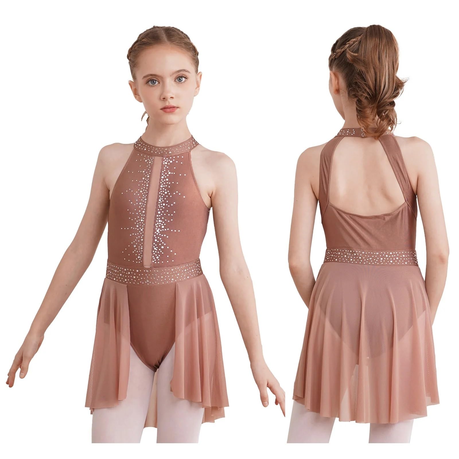 Gymnastikanzug Mädchen Tanzkleid Ballett Eiskunstlauf Neckholder Ärmellos Strass Gymnastik Trikot Kleid(Coffee,14)
