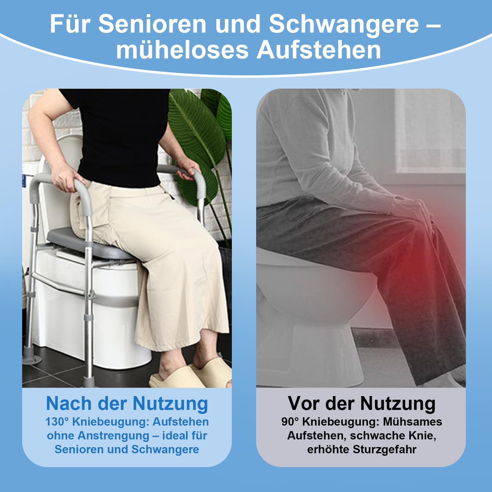 Asiento elevado para inodoro con asas, altura regulable en 8 posiciones, 68 – 85 cm, con soporte para pañuelos, bolsa de almacenamiento de 150 kg para cualquier inodoro, personas mayores