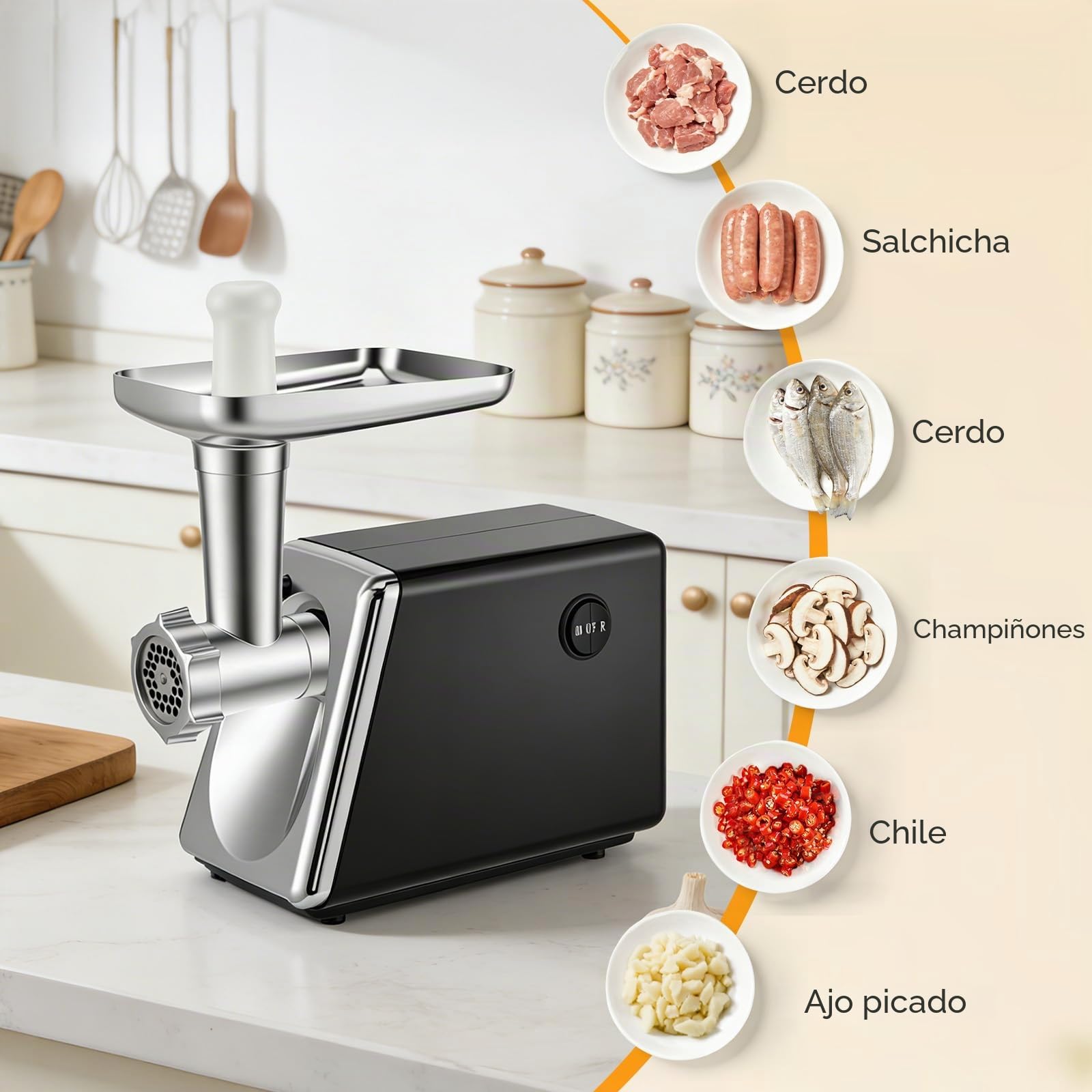 Picadora De Carne Eléctrica 4 En 1 Para Salchichas,Verduras,Queso,Silenciosa Y Protección Contra Sobrecalentamiento,En Acero Inoxidable Y Aluminio,Con 3 Platos De Corte Y Embutidora