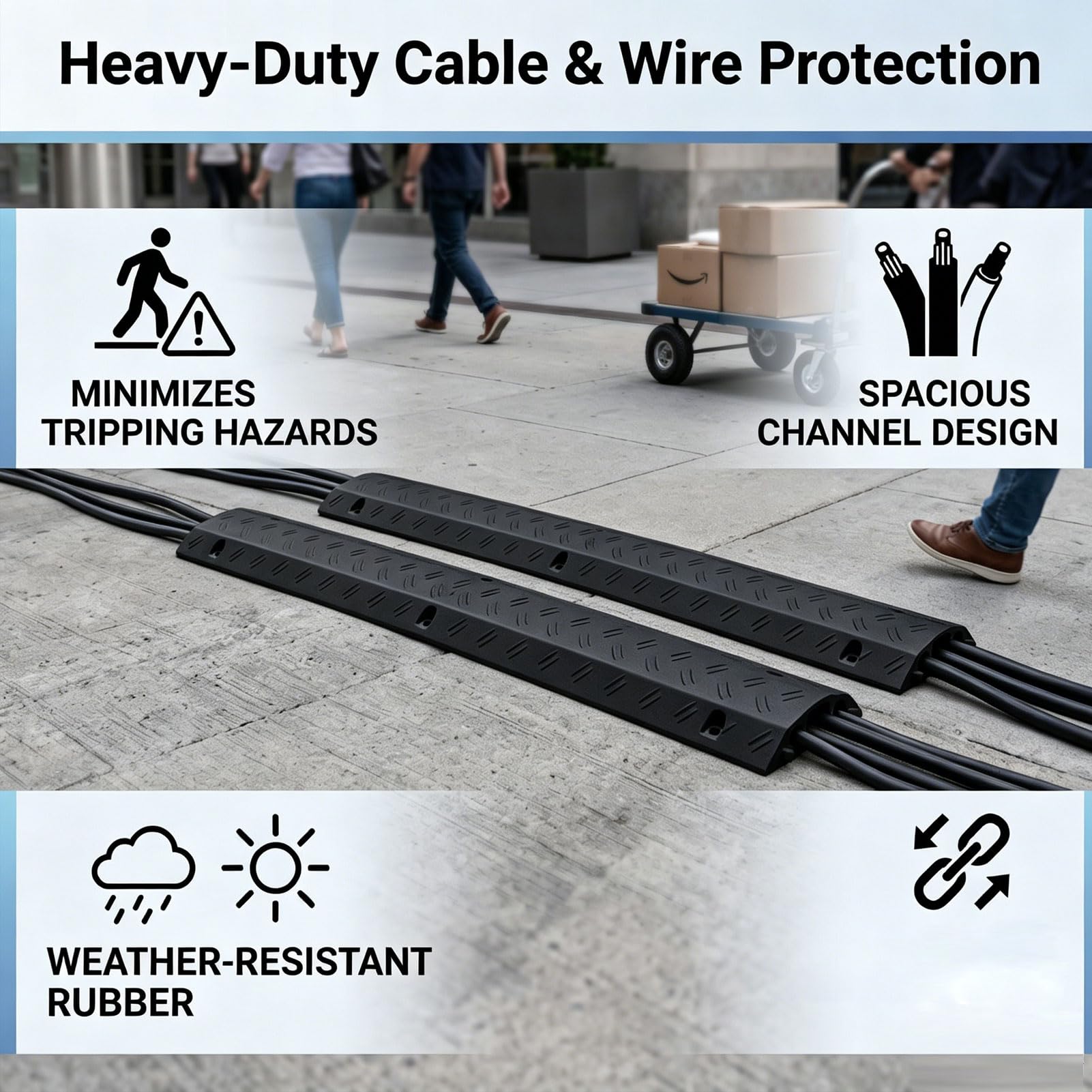 Zunate Rampa Entrelazada Modular de Seguridad Antideslizante, Protector de Cable Resistente, Paquete de 2 Cubiertas de Cable de Goma Negra para Piso, Protección de Alambre de 39,37 Pulgadas para