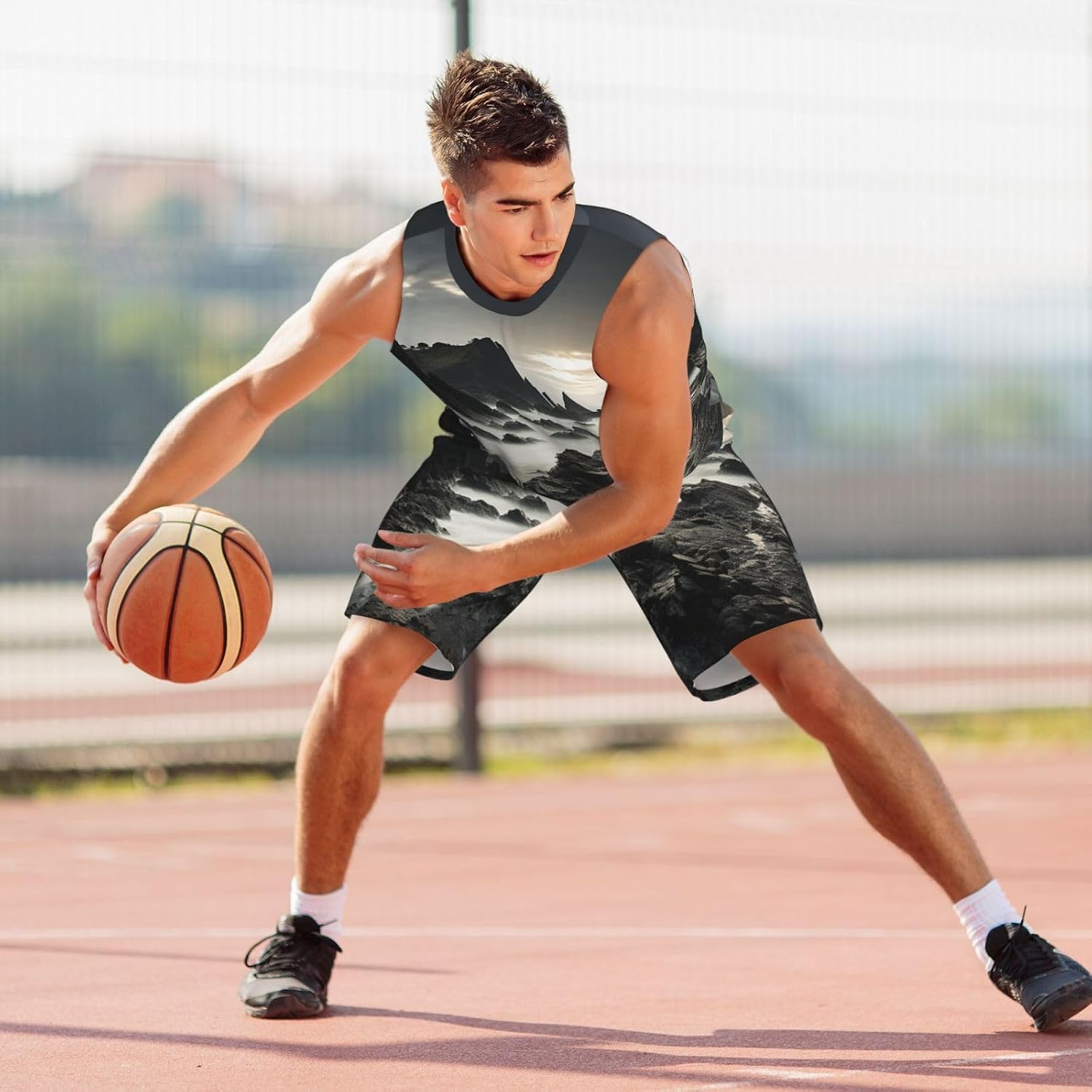Mens Basketball Jerseys Rugged Coastline Black and White Uniform Suit Mesh Sports Jersey Outfits T-Shirt and Short Sets