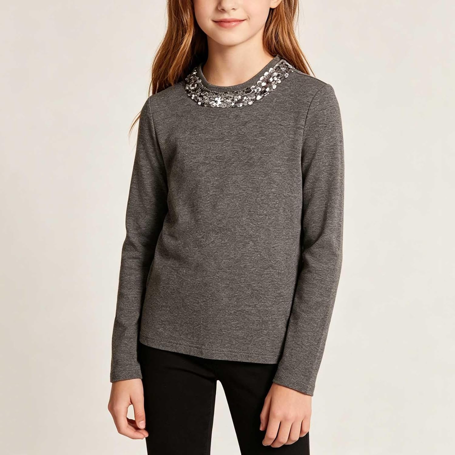 Girls Sequin Collar Top Long Sleeve Party Shirt | Mock Neck Knit Shirt With Decorative Sequin Collar For Parties, Performances, And Dressy Events