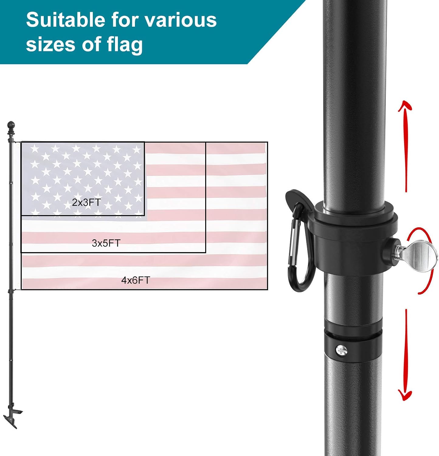 RUFLA 6FT Flag Pole Kit Heavy Duty Aluminum Tangle Free Flagpole with 3'x5' American Flag for House Porch Truck Wall Outside Yard (Without Bracket)
