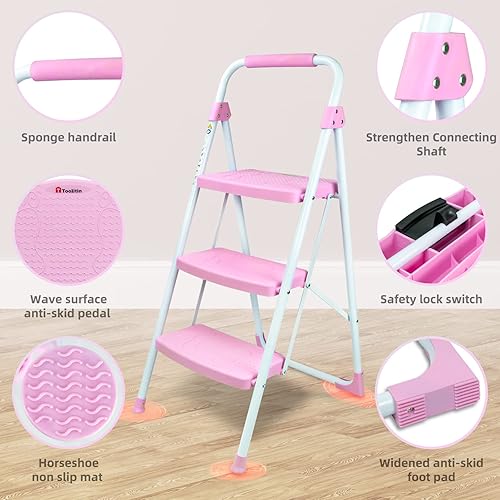 Miniatura 2 de TOOLITIN Escalera de 3 escalones, taburete plegable con pedal antideslizante ancho, escalera de acero resistente de 500 libras, mango cómodo,